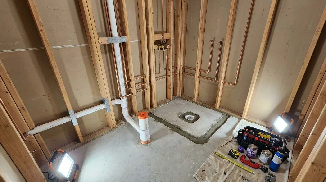 Bathroom rough-in plumbing during remodel by Johns Plumbing LLC in Kennett Square