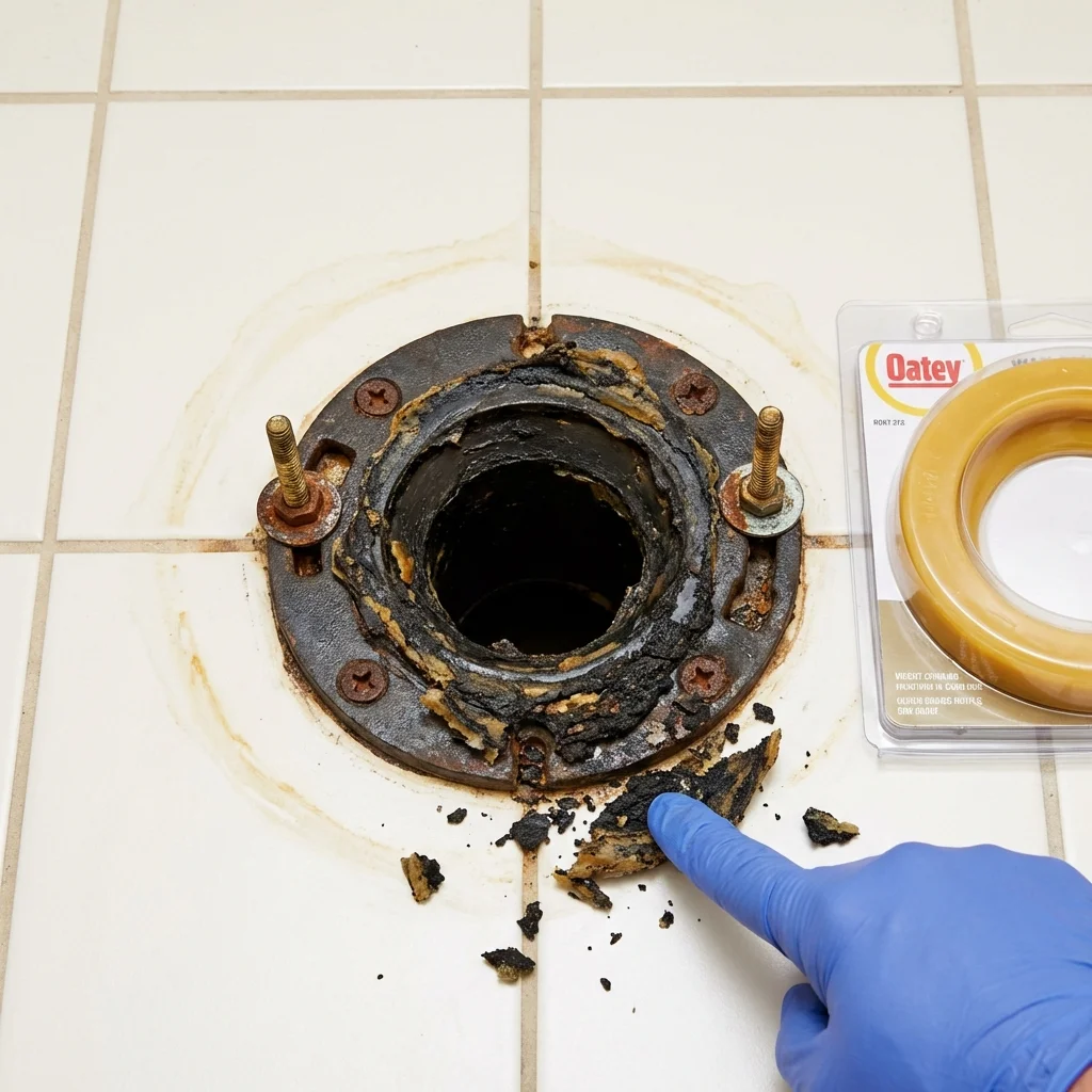 Failed wax ring showing water seepage at the base of a toilet in a Kennett Square, PA home